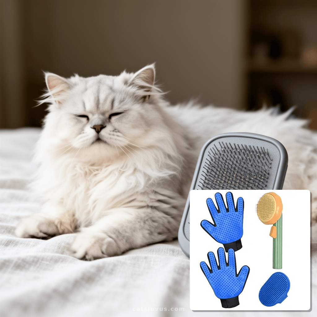 GJEASE Cat Grooming Glove Brush with cat - professional product lifestyle photo