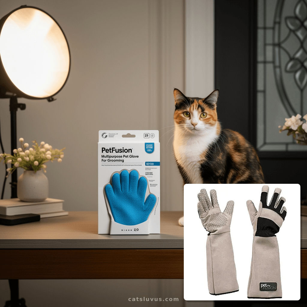 PetFusion Multipurpose Pet Glove for Grooming with cat - professional product lifestyle photo