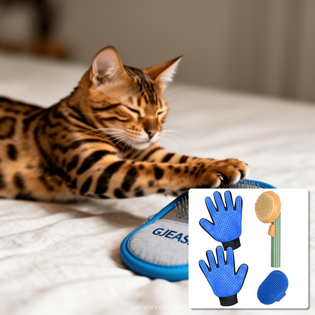 GJEASE Cat Grooming Glove Brush with cat - professional product lifestyle photo