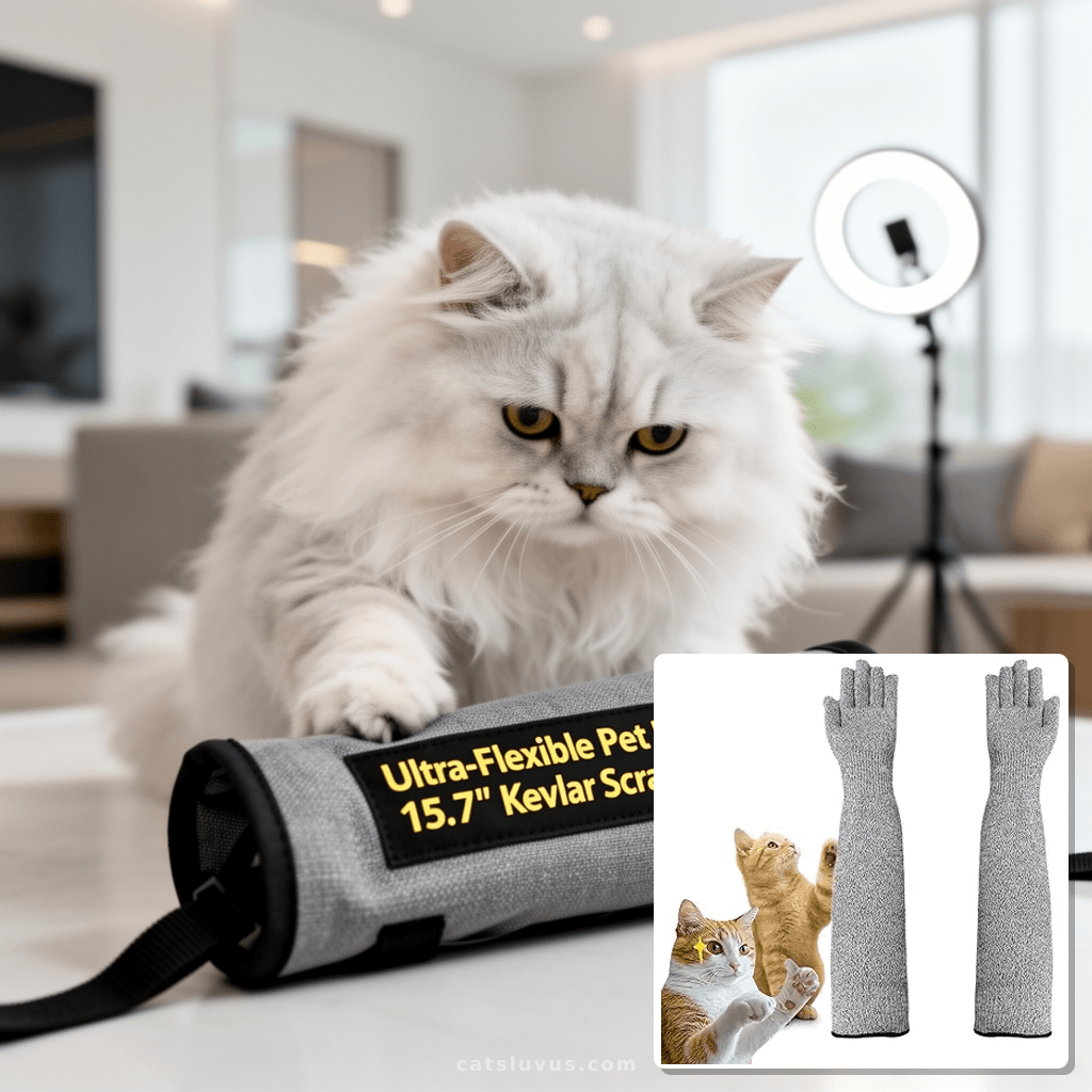Ultra-Flexible Pet Handling Sleeves: 15.7” Kevlar Scratch-Re with cat - professional product lifestyle photo