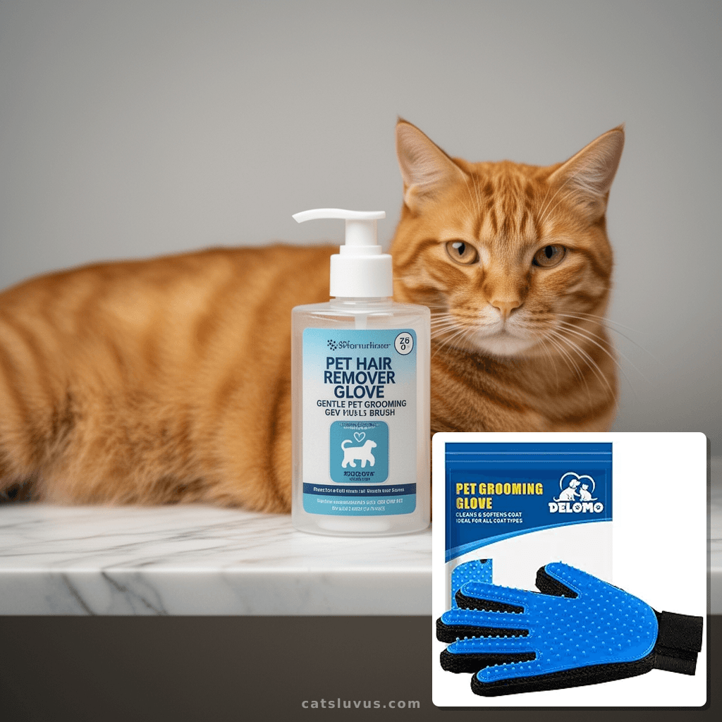 Pet Hair Remover Glove - Gentle Pet Grooming Glove Brush - with cat - professional product lifestyle photo