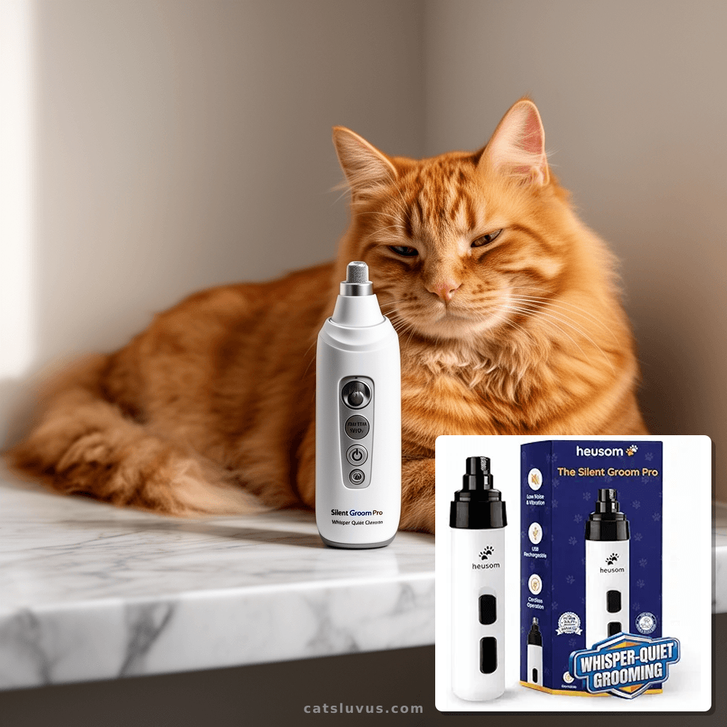Silent Groom Pro Pet Nail Grinder | Whisper Quiet Claw Trimm with cat - professional product lifestyle photo