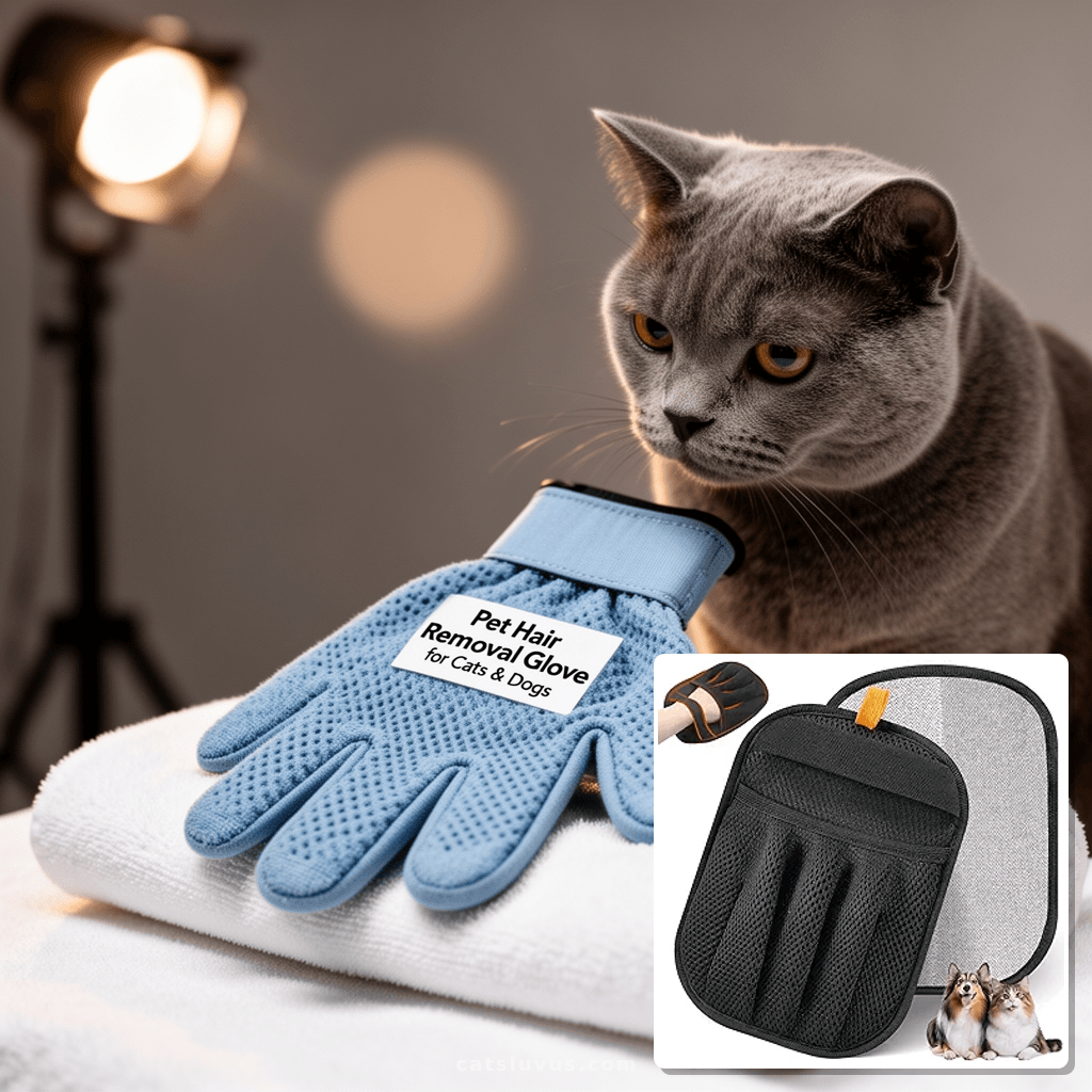 Pet Hair Removal Glove for Cats & Dogs with cat - professional product lifestyle photo