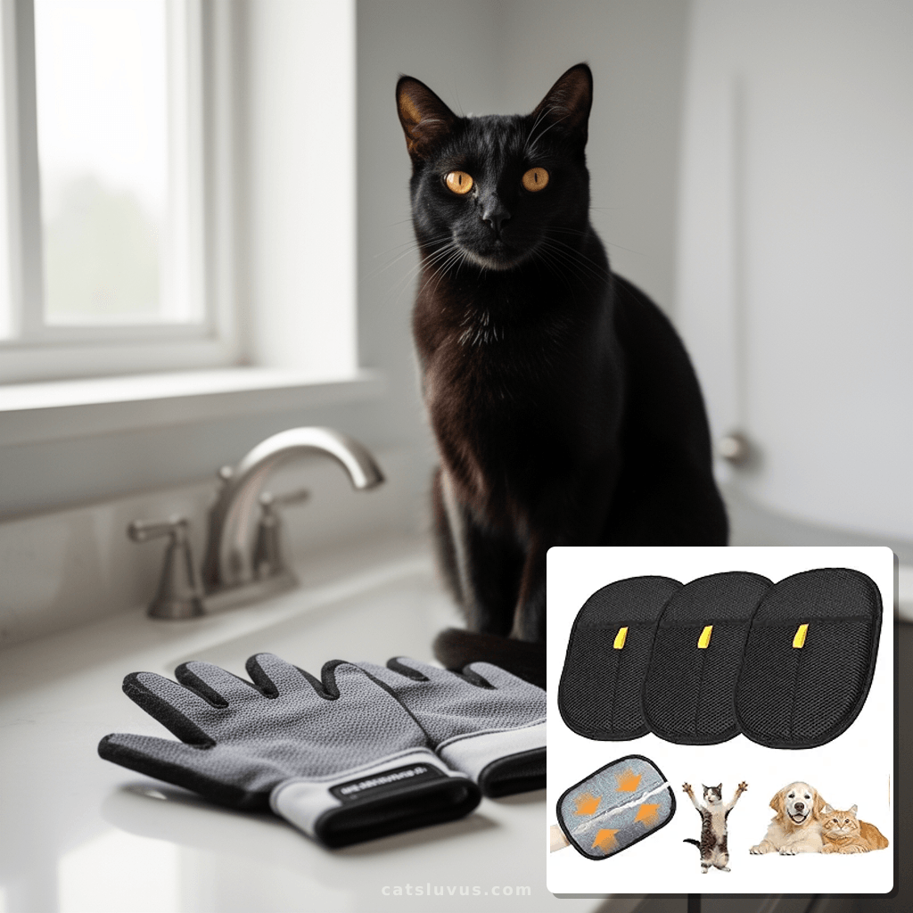 3pcs Pet Hair Removal Glove for Cats & Dogs with cat - professional product lifestyle photo