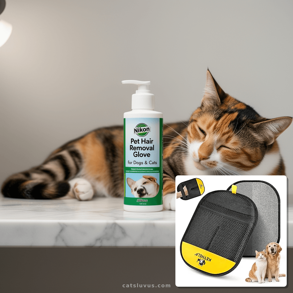 Pet Hair Removal Glove for Dogs & Cats with cat - professional product lifestyle photo