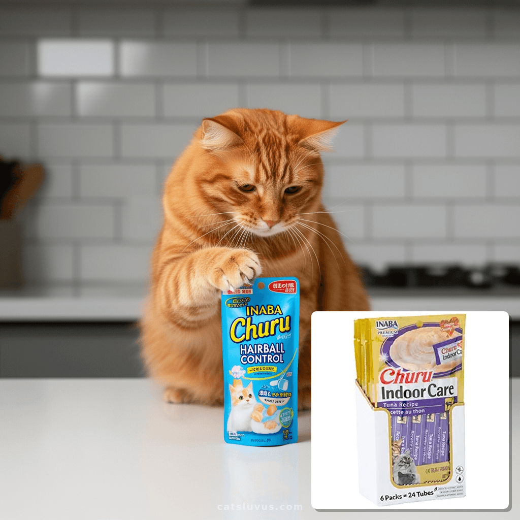 INABA Churu Hairball Control with cat - professional product lifestyle photo