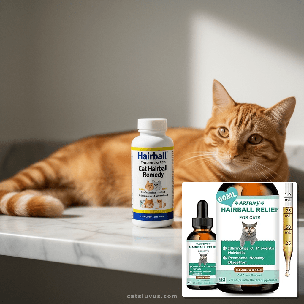 Hairball Treatment for Cats - Cat Hairball Remedy - with with cat - professional product lifestyle photo