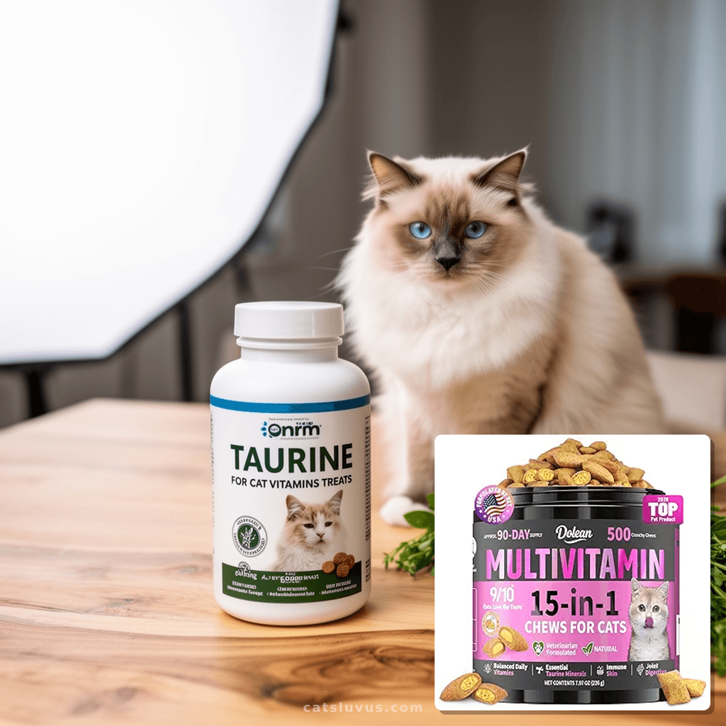 Taurine for Cat Vitamins Treats with cat - professional product lifestyle photo