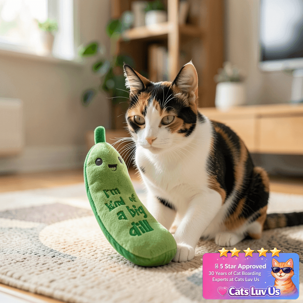 Catstages Crunchy Pickle Kicker Cat Toy – Plush Crinkle Toy with cat - professional product lifestyle photo