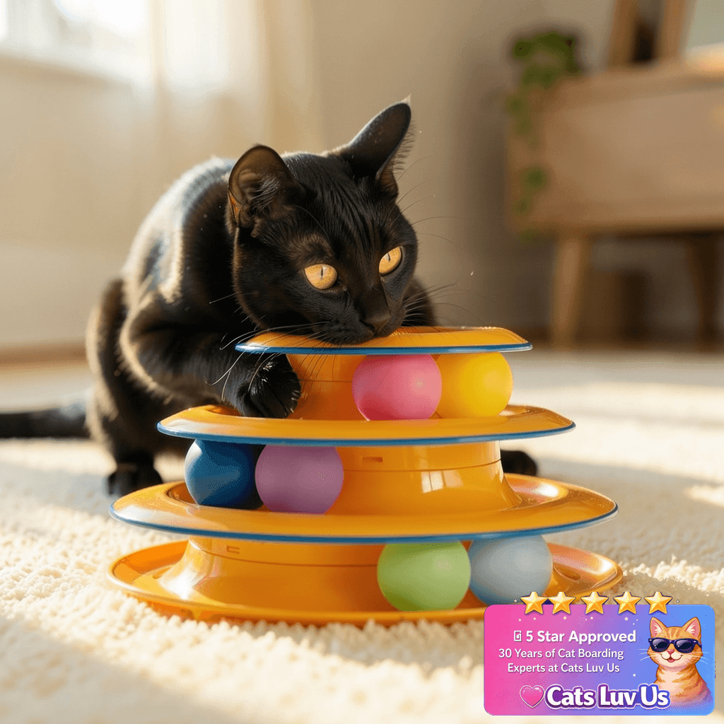 Catstages Tower of Tracks Cat Toy – 3-Level Track Tower with cat - professional product lifestyle photo