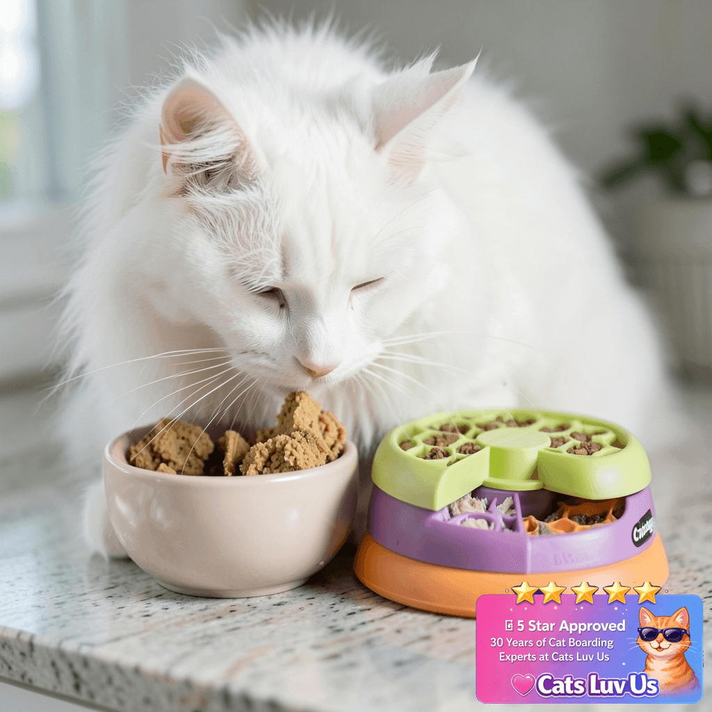 Catstages Kitty Lickin' Layers Interactive Cat Slow Feeder with cat - professional product lifestyle photo