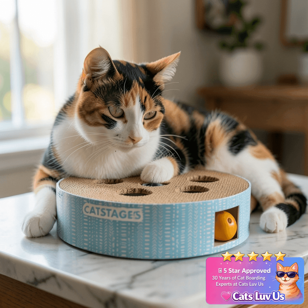 Catstages Scratch N' Hunt Interactive Cat Puzzle Toy with cat - professional product lifestyle photo
