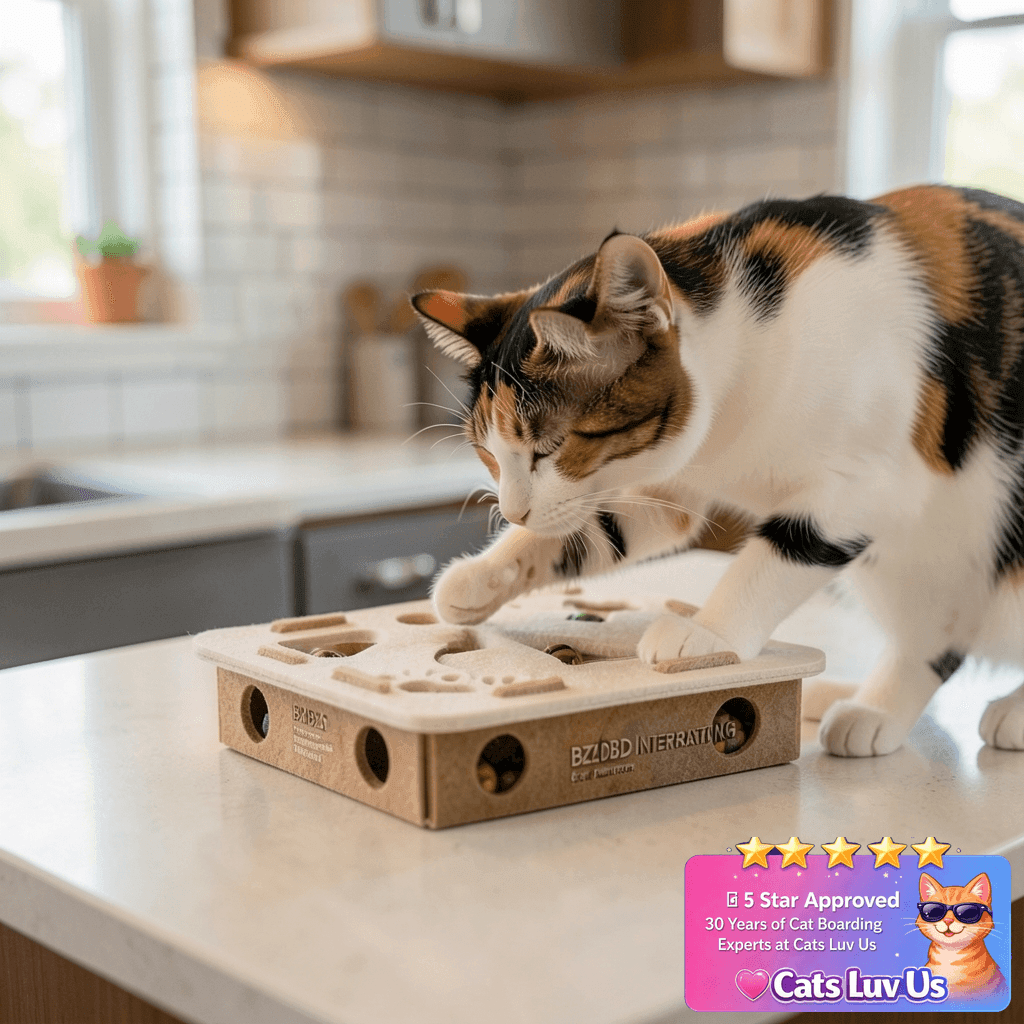 BZDBZD Interactive Cat Puzzle Feeder Toy - Felt Maze Box with cat - professional product lifestyle photo