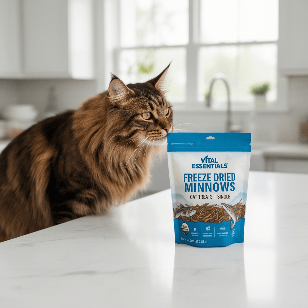 Essentials Freeze Dried Minnows Cat Treats | Single with cat - professional product lifestyle photo