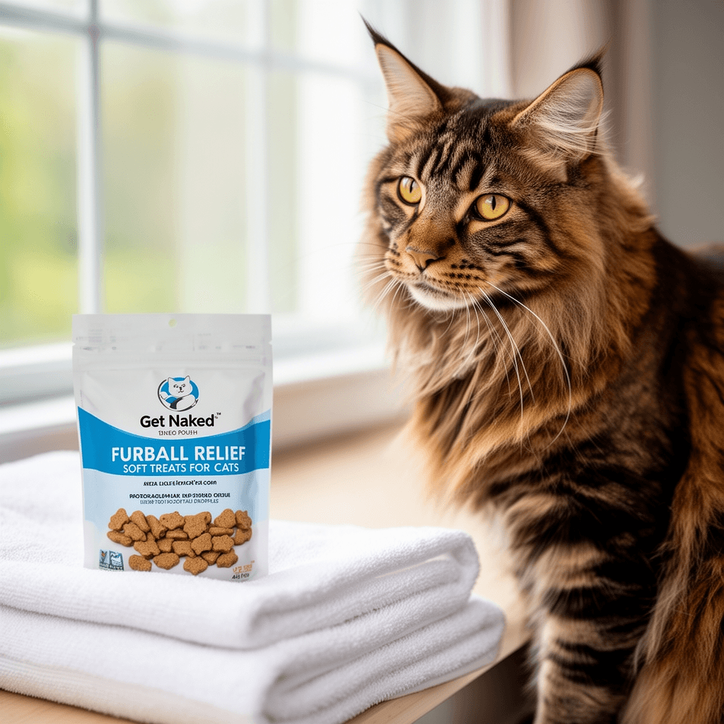 Get Naked 1 Pouch Furball Relief Soft Treats For Cats with cat - professional product lifestyle photo