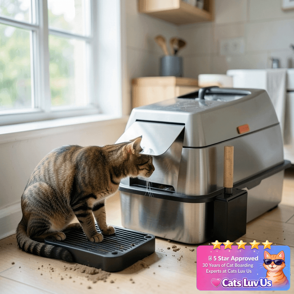 Stainless Steel Litter Box with Lid with cat - professional product lifestyle photo