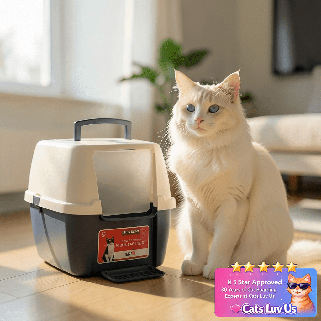 IRIS USA Large Cat Litter Box with Front Door Flap with cat - professional product lifestyle photo