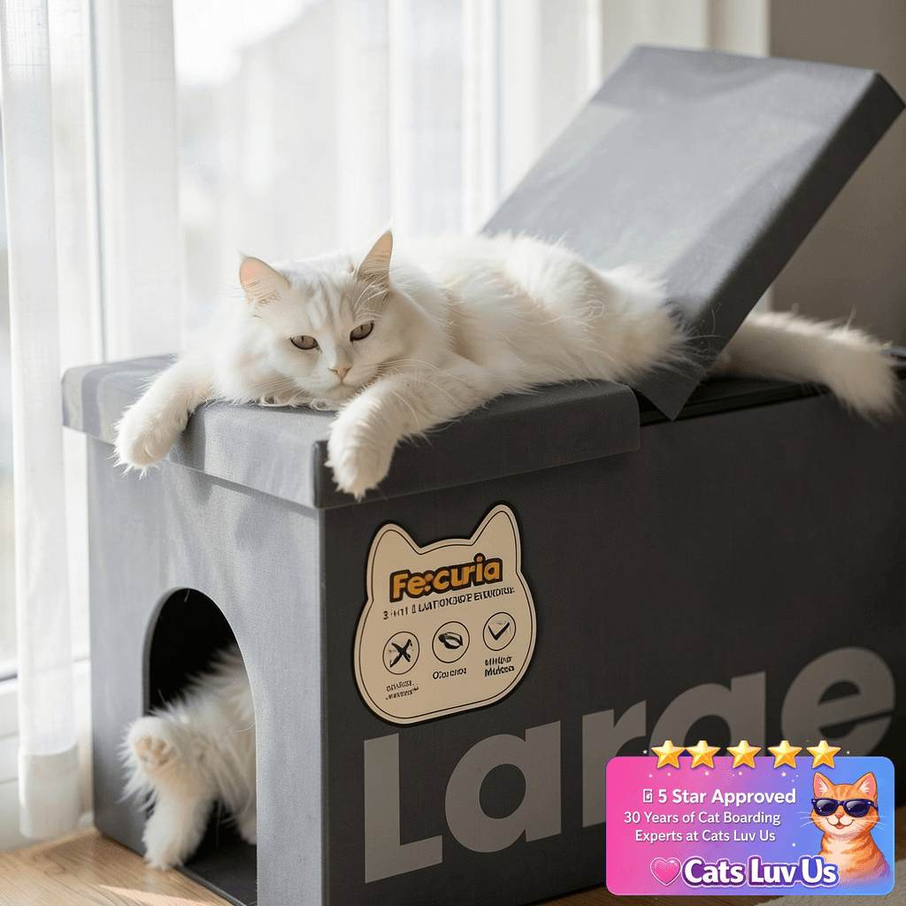 Fecuria 3-in-1 Cat Litter Box Enclosure with Odor Control with cat - professional product lifestyle photo