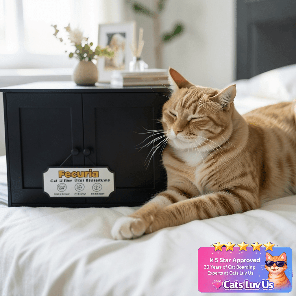 Fecuria Cat Litter Box Enclosure Furniture Dog Proof with cat - professional product lifestyle photo