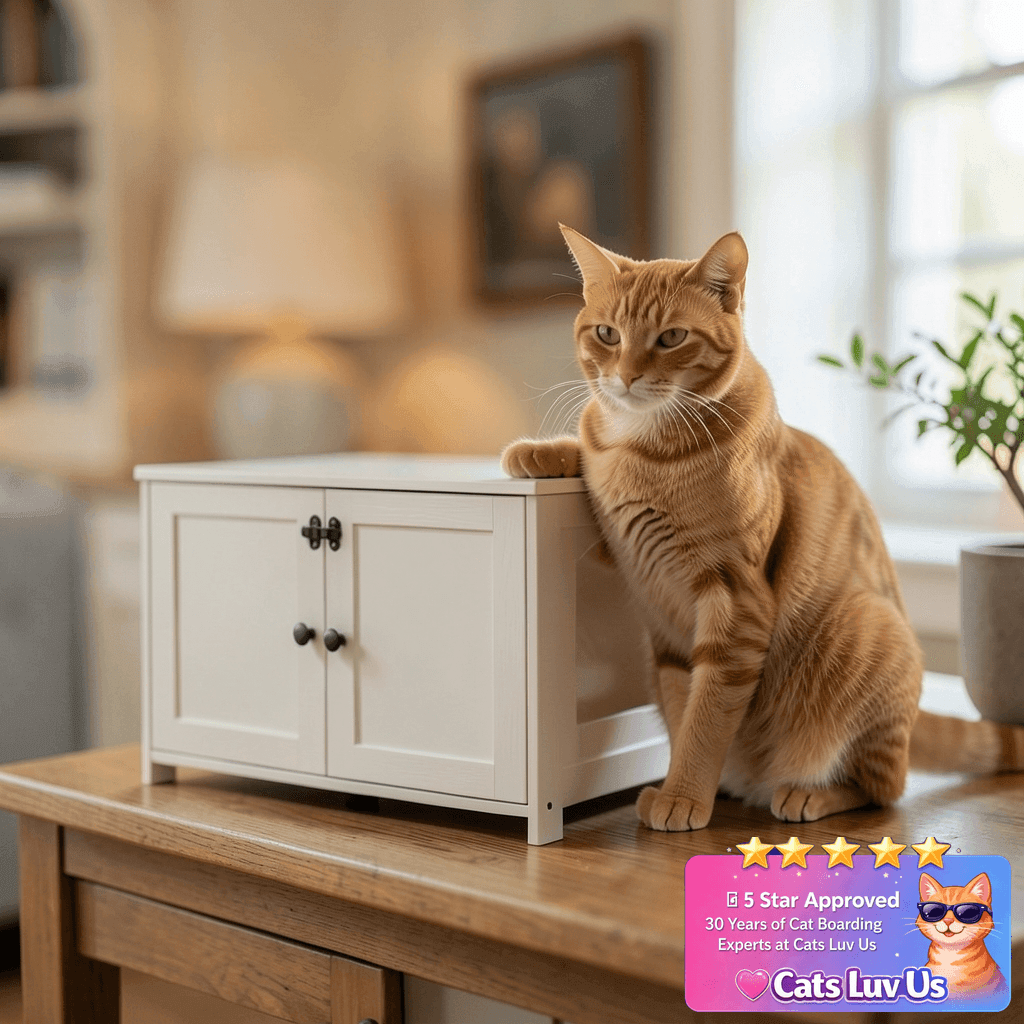 HOOBRO Litter Box Enclosure with cat - professional product lifestyle photo