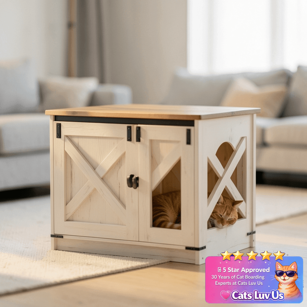 Hzuaneri Cat Litter Box Enclosure with Cushion with cat - professional product lifestyle photo