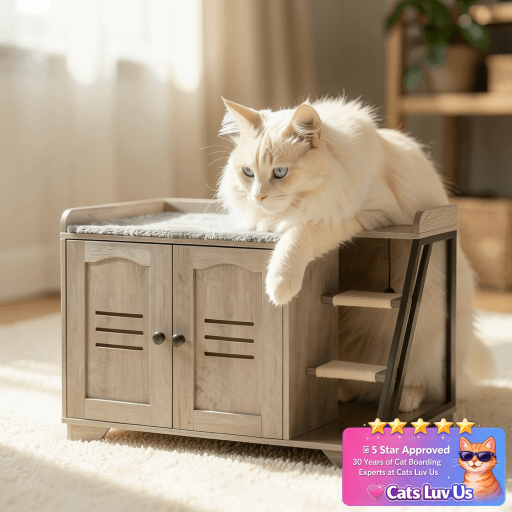 HOOBRO Cat Litter Box Enclosure with Ladder with cat - professional product lifestyle photo