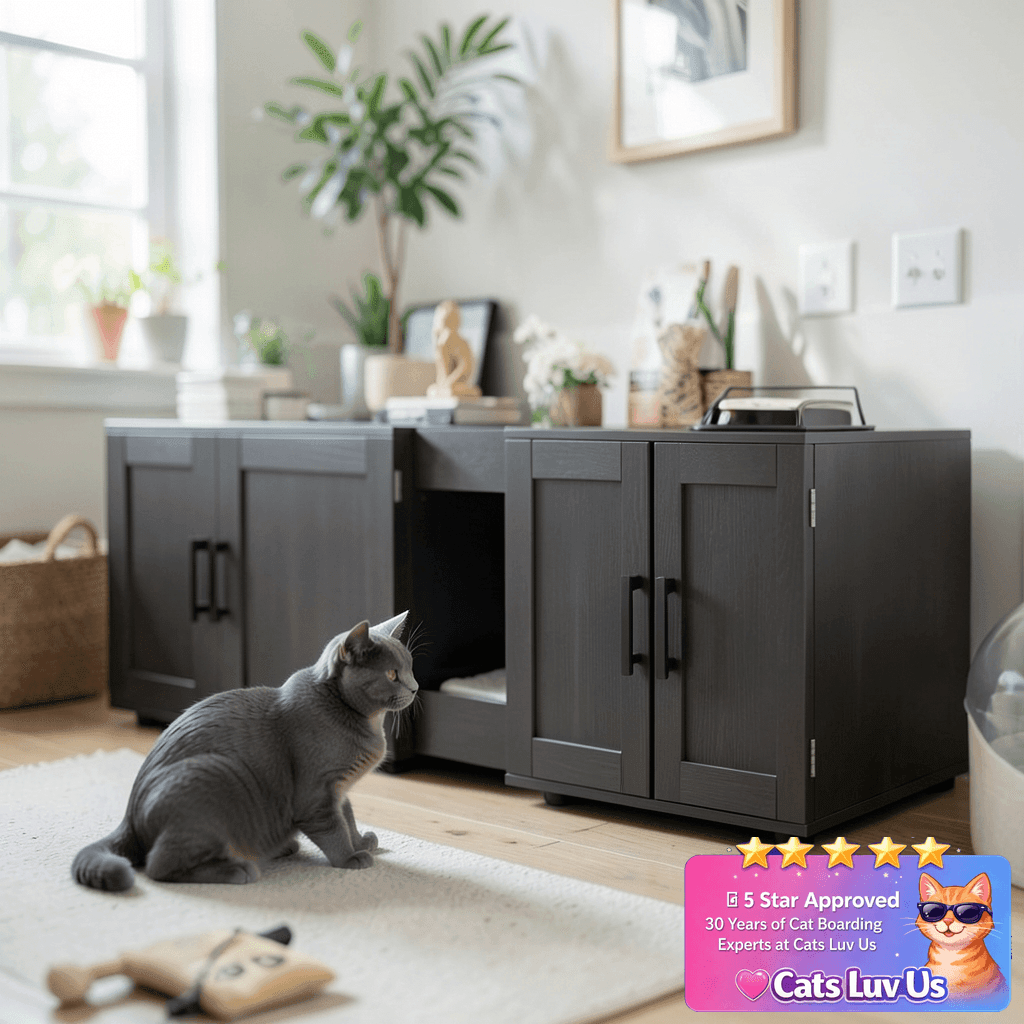55" Large Cat Litter Box Enclosure Furniture for 2 Cats with cat - professional product lifestyle photo