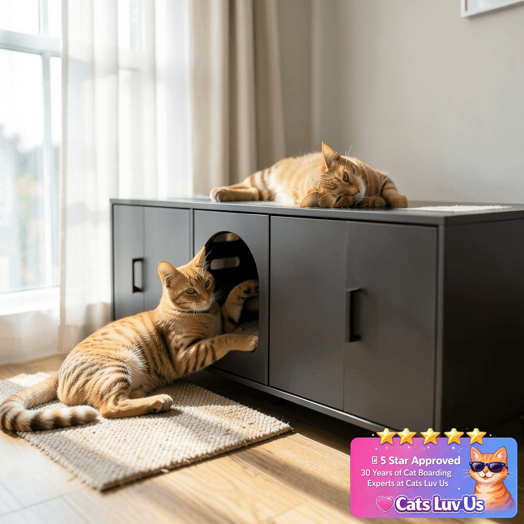 Amunbrek Double Litter Box Enclosure with Scratch Mat & with cat - professional product lifestyle photo