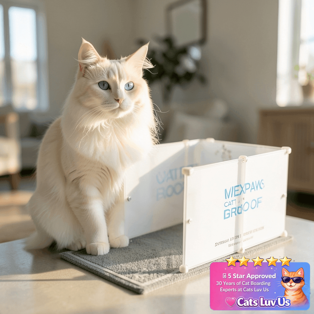 MEEXPAWS Cat Litter Box Enclosure Splash Guard Extra Large with cat - professional product lifestyle photo