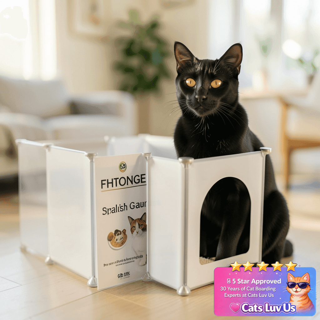 FHTONGE Extra Large Cat Litter Box Enclosure Splash Guard with cat - professional product lifestyle photo