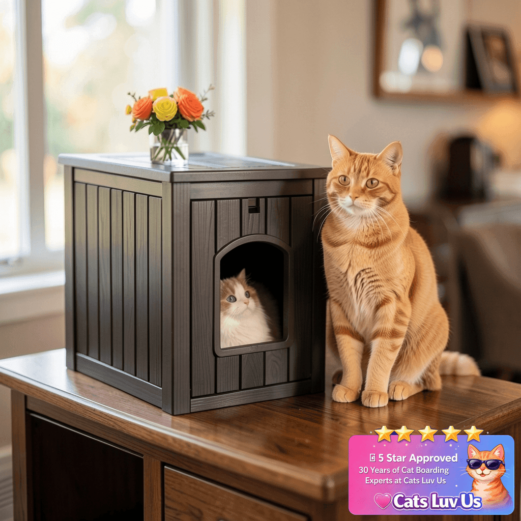 KFY Cat Litter Box Enclosure with cat - professional product lifestyle photo