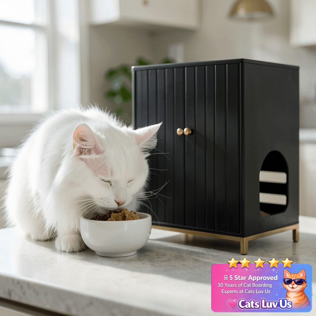 31.5" Tall Hidden Cat Litter Box Furniture with Storage with cat - professional product lifestyle photo