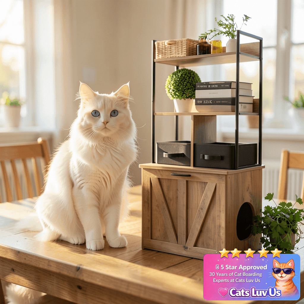 Dwanton Litter Box Enclosure with 2 Storage Shelves and 2 with cat - professional product lifestyle photo