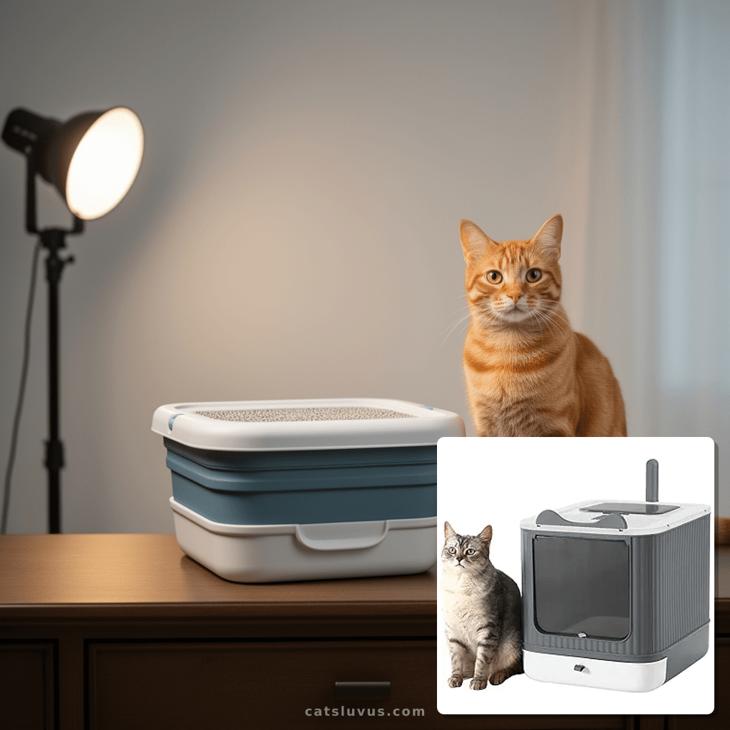 Foldable Cat Litter Box with cat - professional product lifestyle photo