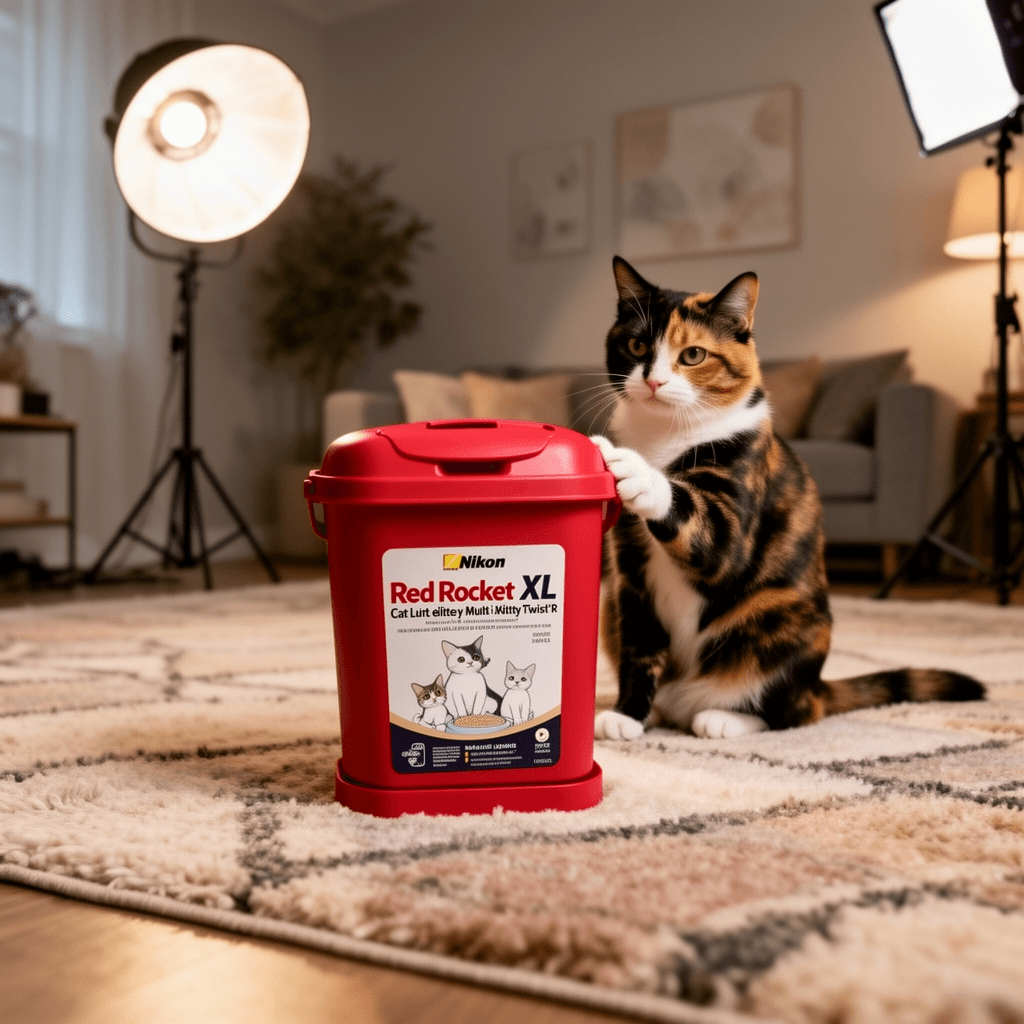 Red Rocket XL Cat Litter Pail Multi Kitty Twist’R Step with cat - professional product lifestyle photo