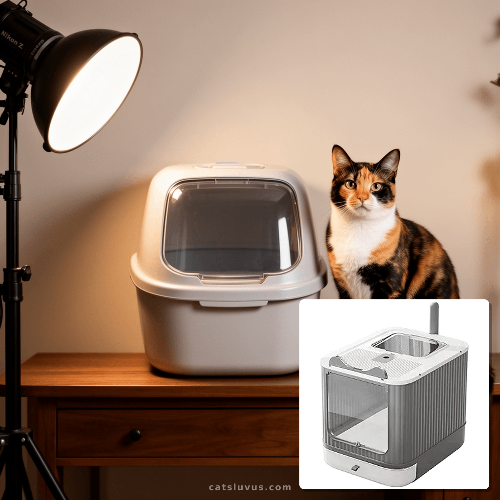 A small tabby kitten peeking out of the front entry of the Upgraded Fully Enclosed Cat Litter Box.