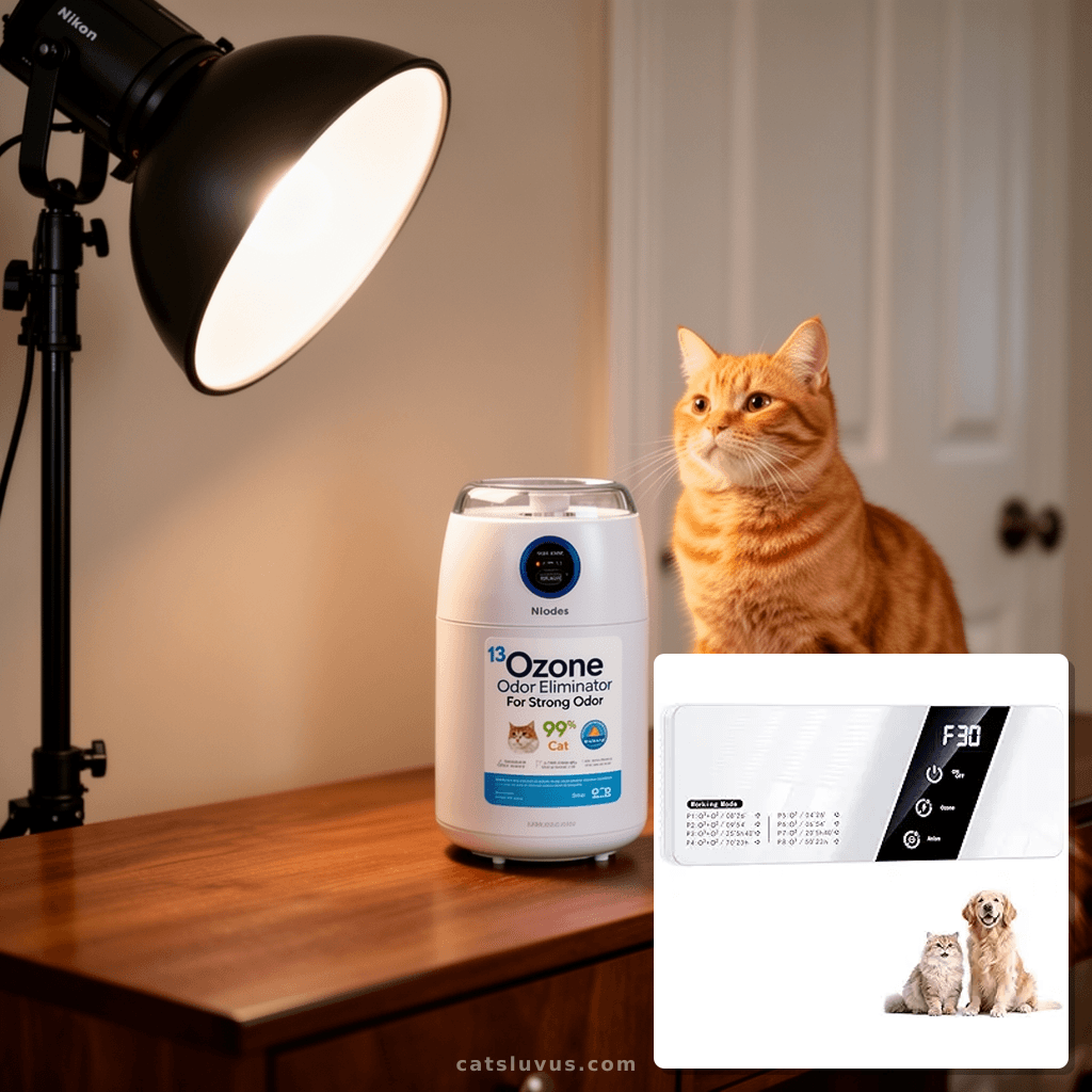 13 Modes Ozone Odor Eliminator for Strong Odor 99% Cat with cat - professional product lifestyle photo