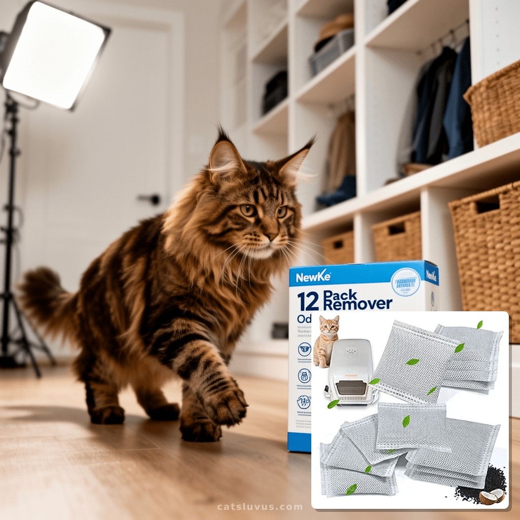 NewKe 12 Pack Odor Remover Refills for Hooded Cat Litter Box with cat - professional product lifestyle photo