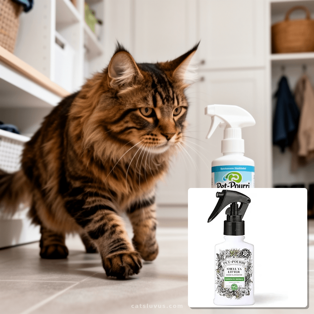 Pet-Pourri Smell Ya Litter Cat Litter Deodorizer Spray with cat - professional product lifestyle photo