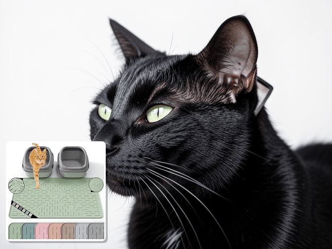 Cat owner reviewing waterproof litter mat for multiple cats options for their pet in 2026