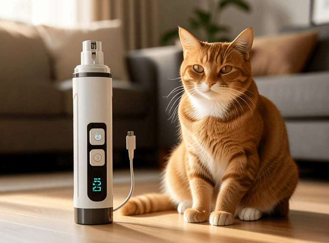 Cat owner reviewing cat nail grinders & electric trimmers on amazon options for their pet in 2026
