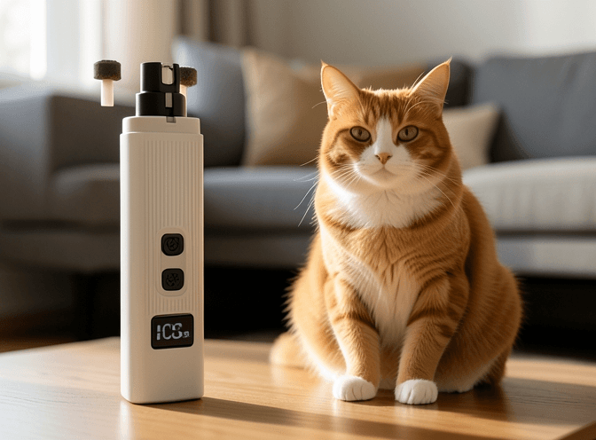 Cat owner reviewing cat nail grinders & electric trimmers under 50 dollars options for their pet in 2026