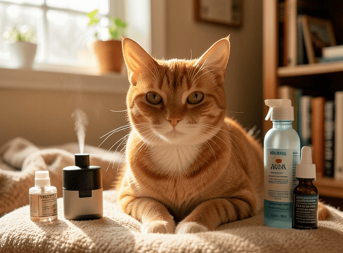 Cat owner reviewing cat pheromone diffusers & sprays for small spaces options for their pet in 2026