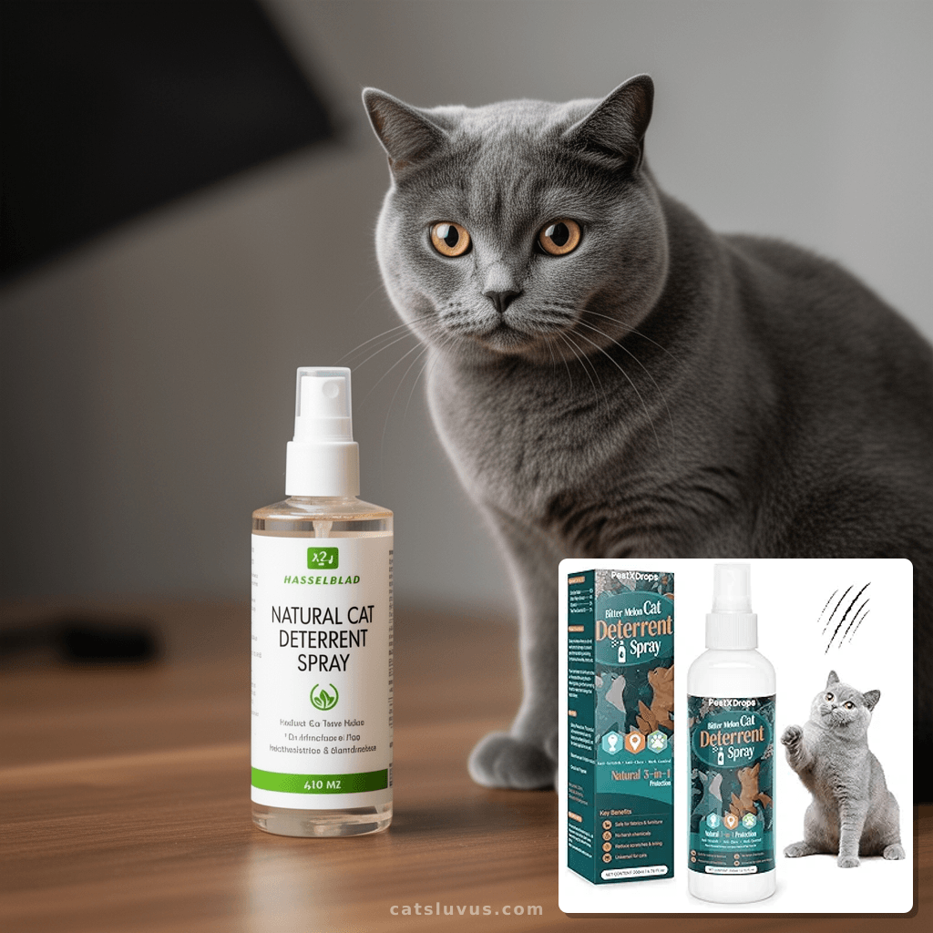 Natural Cat Deterrent Spray with cat - professional product lifestyle photo