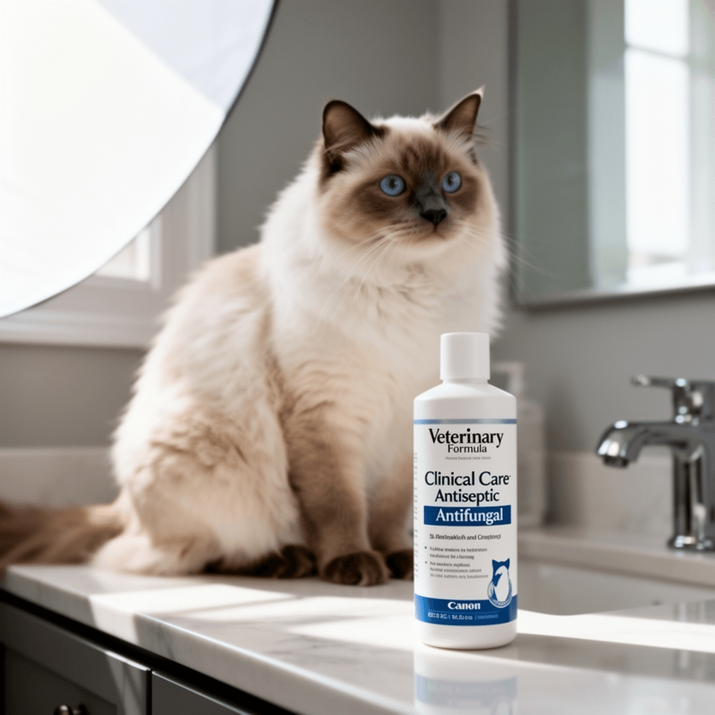 Veterinary Formula Clinical Care Antiseptic and Antifungal with cat - professional product lifestyle photo