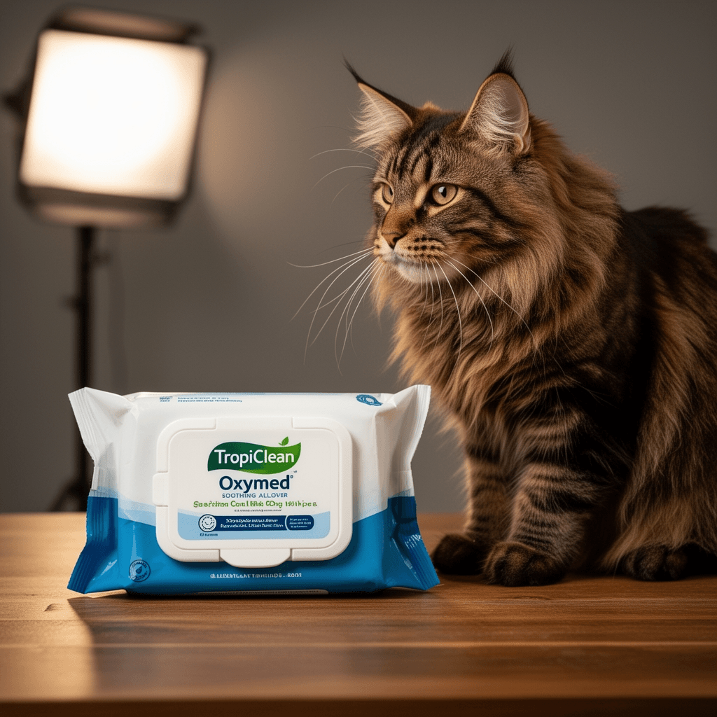 TropiClean Oxymed Soothing Allover Cat & Dog Wipes For Paws with cat - professional product lifestyle photo