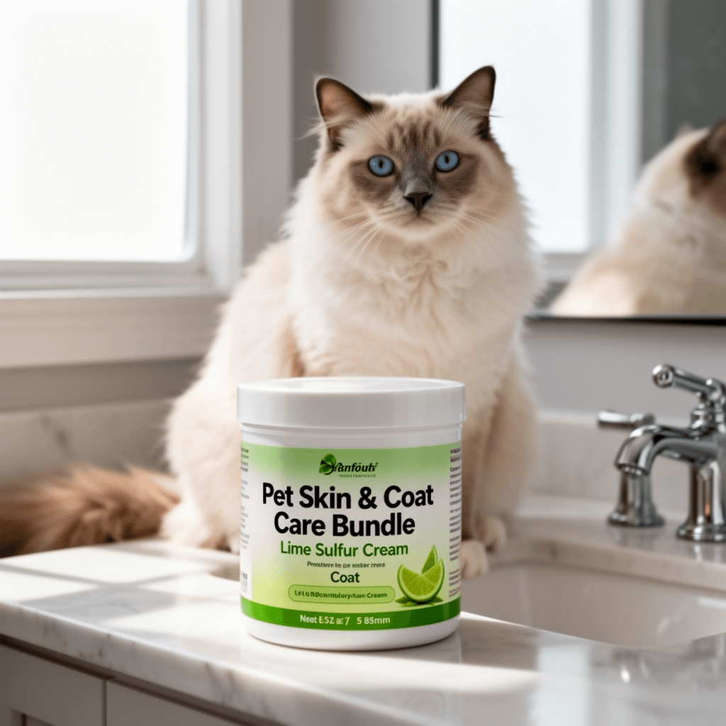 Pet Skin & Coat Care Bundle - Lime Sulfur Cream  and Coat with cat - professional product lifestyle photo