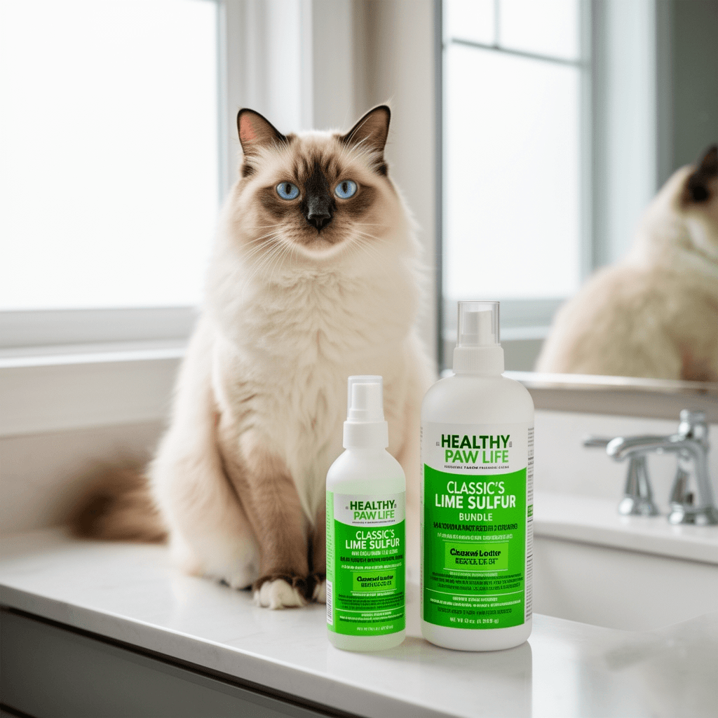 Healthy Paw Life Bundle - 2 Items: Classic's Lime Sulfur with cat - professional product lifestyle photo