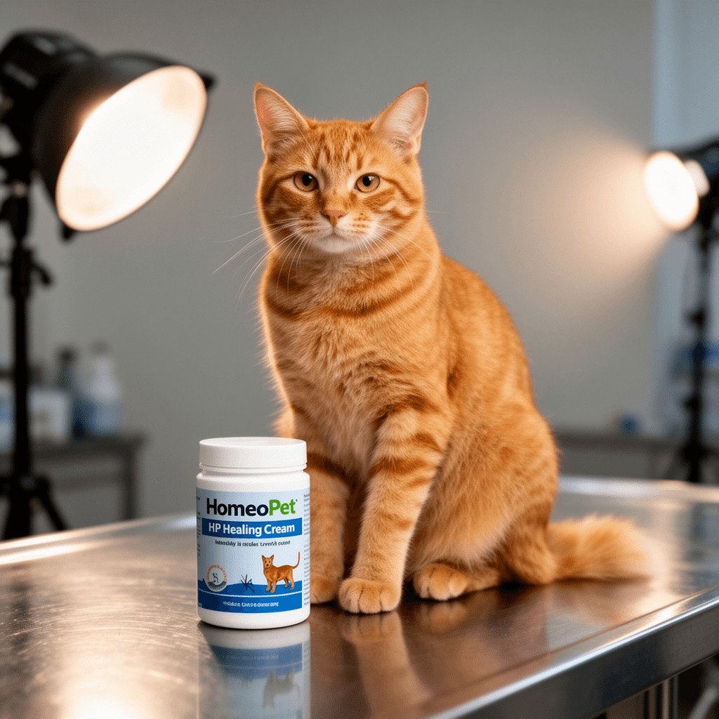 HomeoPet HP Healing Cream with cat - professional product lifestyle photo
