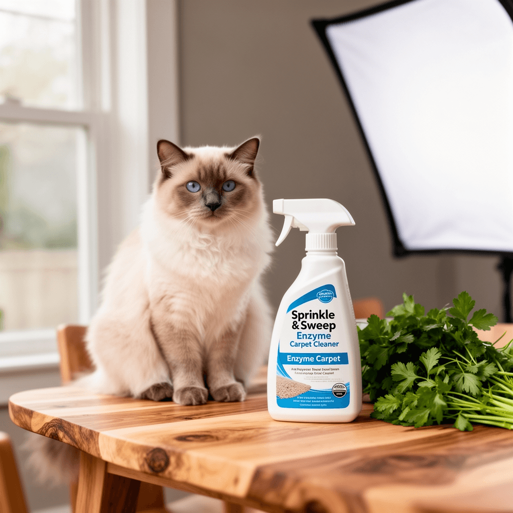 Sprinkle & Sweep Enzyme Carpet Cleaner - Enzyme Carpet with cat - professional product lifestyle photo